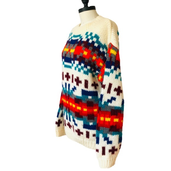 Vintage Hand Knit Wool Blend Technicolor Sweater - Picture 8 of 11